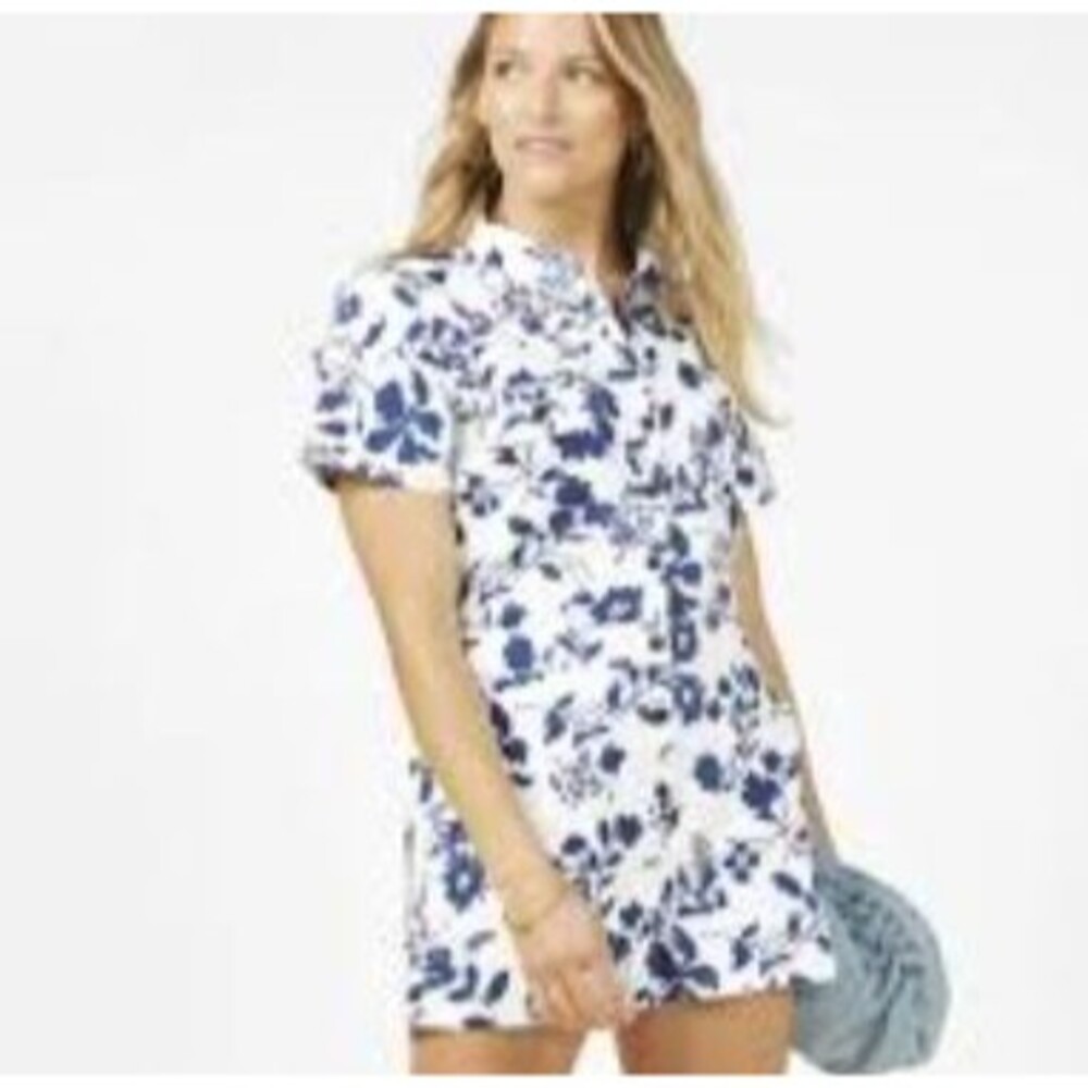 Outerknown Romper Womens Medium Blue Floral Organic Cotton Linen Blend Button Up